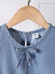 2pcs/Set Young Girl Casual Fashion Blue Washed Denim Sleeveless Tank Top And Denim Shorts Outfit