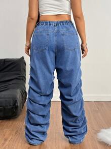 SHEIN EZwear Quần Jeans Denim Lưng Thun Màu Xanh Nhạt Phai Size Lớn - Rửa tối - Xem 2
