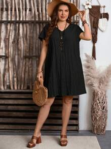 EMERY ROSE Vestido de talla grande de unicolor con manga corta y escote en V, de moda para el verano