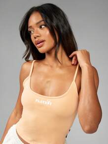 Missguided x Playboy Träger Top Sommer Urlaubs Essentiell Tank Passform Spaghettiträger Athletisch Lounge Workout Basic Training Crop Top - Koralle Orange - Übersicht 4