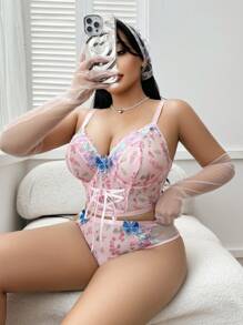 SHEIN 2 pezzi Completo intimo coordinato di reggiseno con ferretto e perizoma in rete ricamata per taglie forti