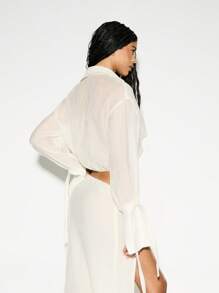 KIZN Chic Sheer Crinkle Texture Long Sleeve Collared Blouse With Twist Front Design, Summer Beach Cover Up Button Down Shirt, Resort Vacation Top Ibiza