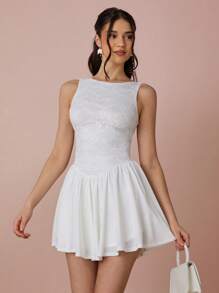 Enchnt Women's Elegant White Summer Lace Patchwork Backless Sleeveless Mini Dress, Back Strap Criss-Cross Sundress For Wedding,Date & Graduation - White - View 5
