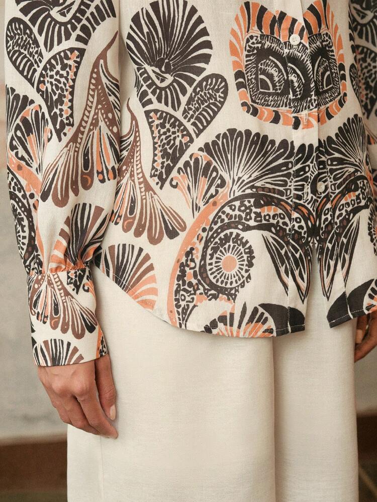 Women Elegant 2 Pieces Sets: Long Sleeve Printed Blouse & Wide-Leg Linen Pants, Casual & Festive Outfits For Spring, Summer, Holiday