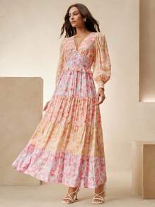 Anewsta Robe longue élégante à col en V, manches lanternes et coupe évasée avec blocs de couleurs contrastés. Convient pour les fêtes, les rendez-vous, les vacances, la plage d'été, les vacances, la Saint-Valentin - Prune - Voir 3
