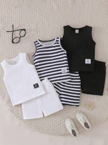 SHEIN Playful Pals 6 件套男婴夏季服装套装，3 种颜色（黑色、白色、条纹）背心和短裤，舒适休闲日常穿着，百搭可爱，适合所有场合 - 彩色 - 查看 1