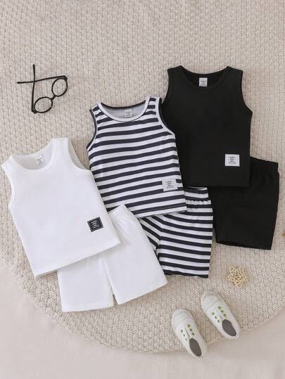 SHEIN Playful Pals 6 件套男婴夏季服装套装，3 种颜色（黑色、白色、条纹）背心和短裤，舒适休闲日常穿着，百搭可爱，适合所有场合