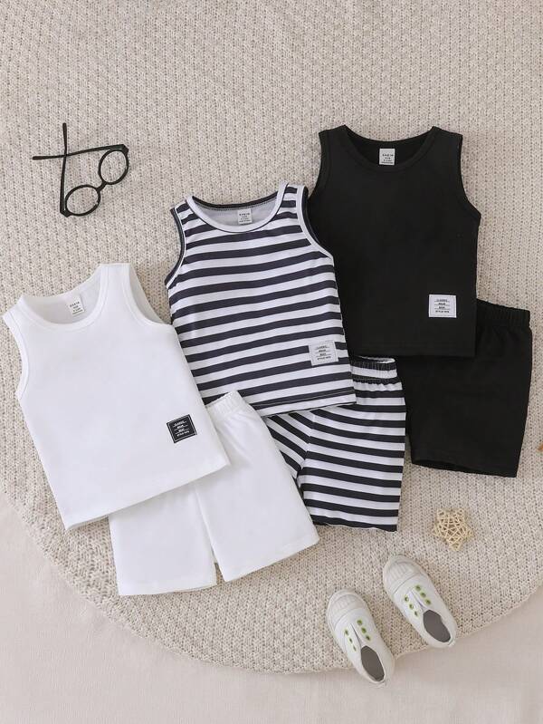 6 Packs Baby Boy Summer Outfit Set, Including 3 Colors: Black, White, Striped Vest & Shorts, Comfortable, Casual, Versatile And Suitable For Daily Wear And Play