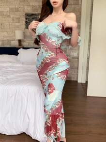 DAZY Vestido de sirena con bajo con volantes, hombros descubiertos, ajustado y calado de encaje, estampado artístico vintage con estampado de flores diminutas en gasa, con chal y volantes