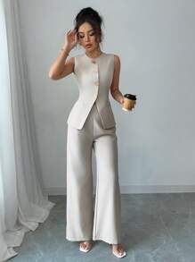 Elenzga Set de 2 piezas de talla grande, camiseta sin mangas con botones delanteros y pantalones minimalistas de verano para uso diario