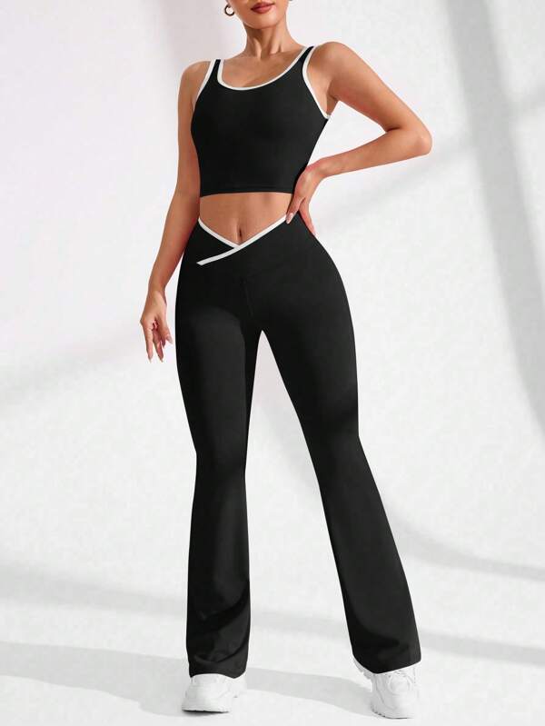 SHEIN Sport Studio Women Short Hem Camisole Tank Top And Bell Bottom Pants Sports Suit Women S Athletic Sets Workout Clothes Women Women Clothing Athletic Workout Pants Women