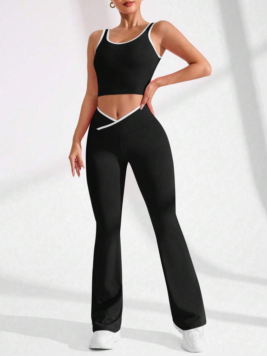 Easithlete 女式短下摆吊带背心和喇叭裤运动套装 - 黑色 - 查看 1