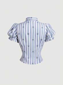 SHEIN MOD 女式蓝色条纹蝴蝶结衬衫 - 藍色 - 查看 2