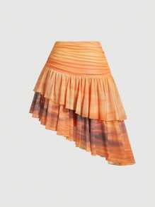 SHEIN MOD Women's Tie Dye Asymmetrical Mesh Skirt, Spring/Summer, Casual, Boho, Country Concert, Raves Festival, Western, Brunch, Beach, Cute, Fairy Core - Multicolor - View 2