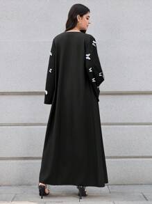 Al Najma Abaya larga de manga larga con estampado de mariposas elegante para mujer, modesta - Negro - Ver 2