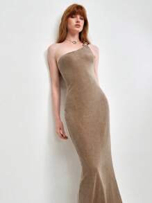 SHEIN LUNE Damen Neu Elegant Hochwertig Design Elastisch Rippstrick Bodycon asymmetrischer Ausschnitt Einschulter Maxikleid