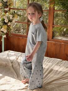 DAZY 2pcs/Set Young Girl Solid Color Round Neck Short Sleeve T-Shirt And Butterfly Print Pants Pajama Set,Girls Summer Outfits
