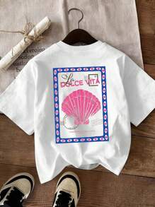 SHEIN LUNE Plus Summer Beach With Ocean Shell Stamp Pattern, Women's Casual Round Neck Short Sleeve T-Shirt - White - View 2