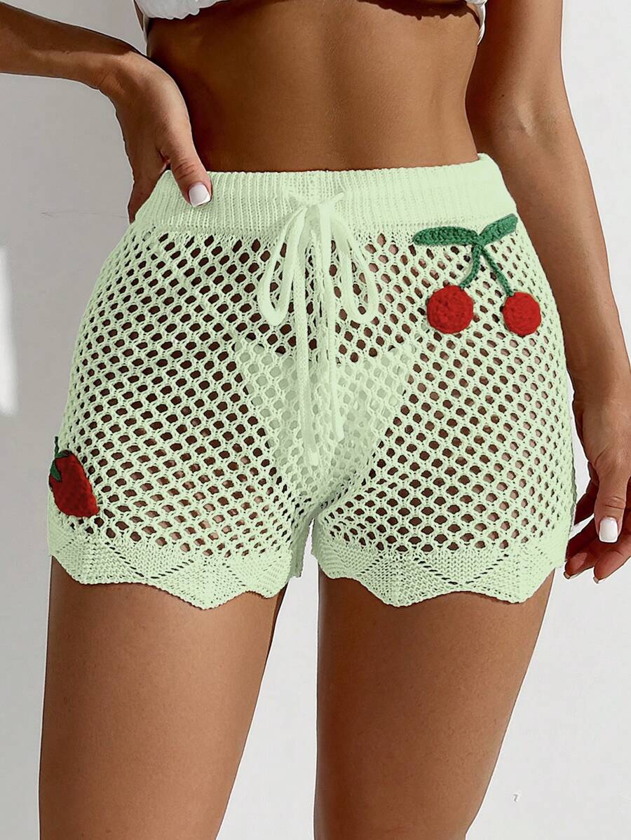 SHEIN Swim 女士樱桃装饰镂空泳衣罩衫短裤套装,适合度假 - 薄荷綠 - 查看 1