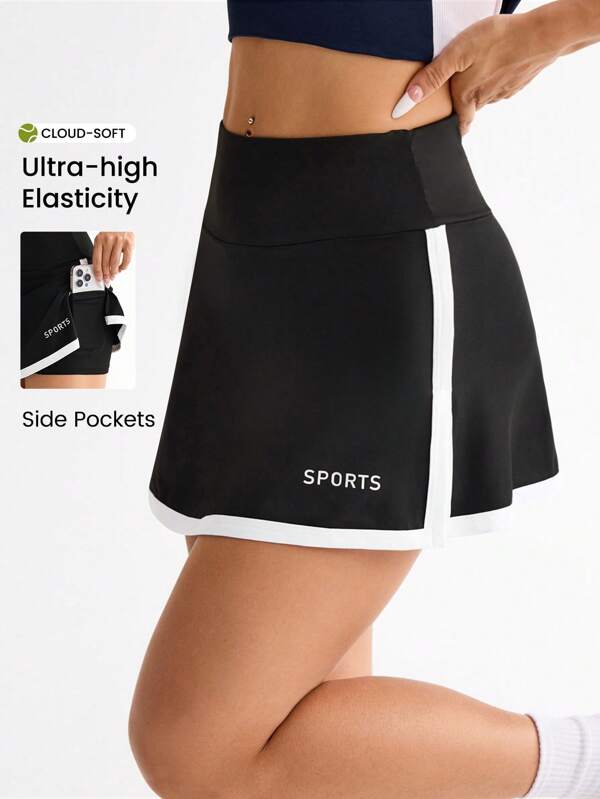 CourtClass Tennis A-Line Sports Skirt With Phone Pocket, Black & White Color Athletic Skirt