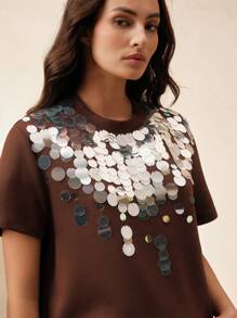 Anewsta Women's Round Neck Short Sleeve Regular Length Elegant Sequin T-Shirt, Spring Summer For Women