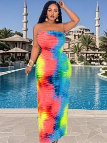 Slaydiva Plus Size Batik Dress With Ruffle Trim For Vacation - Green - View 2