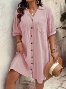 EMERY ROSE Plus Size Women Solid Color Short Sleeve Fashionable Summer Dress - Pink - View 4