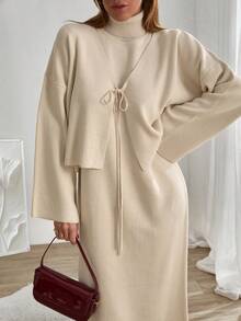 EURMUSE Ensemble deux pièces pour femmes avec robe pull sans manches à col montant et cardigan en maille, ensemble deux pièces beige, ensemble deux pièces crème, ensemble pull deux pièces pour femmes, ensemble coordonné, vêtements d'hiver - Beige - Voir 4