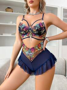 SHEIN 优雅复古彩色刺绣吊带透明网眼荷叶边性感内衣女式连体裤 - 藏蓝色 - 查看 5