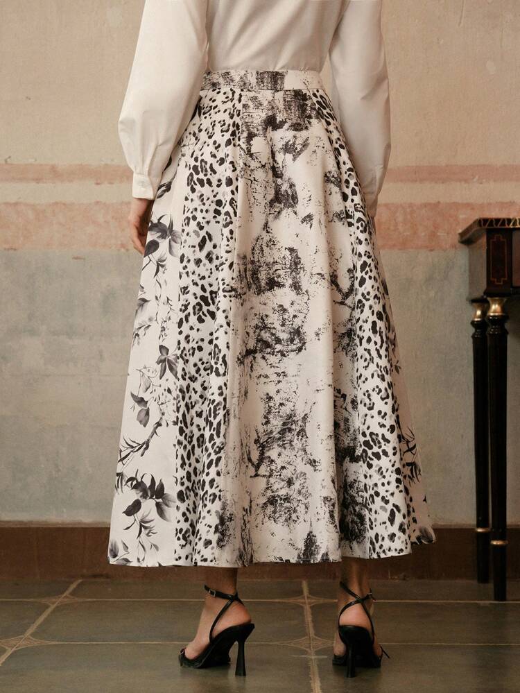 Spring, Elegant, Vacation, Beach, Casual, Holiday Anewsta Women's Elegant Leopard Print Patchwork A-Line Skirt