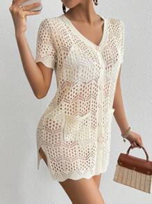 SHEIN Swim Beach Vacation New Solid Color Beachwear Short Sleeve Loose Button Cover Up With Pockets Design For Summer - Beige - View 5