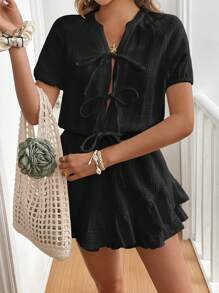 SHEIN Frenchy Mono con cintura anudada, dobladillo con volantes y unicolor minimalista para mujer, de verano