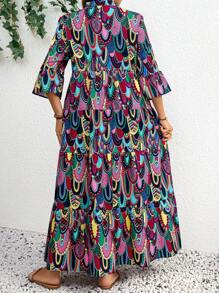 SHEIN LUNE Plus Size Women's Boho Maxi Dress: Colorful Multicolor Woven Fabric With Notched Neckline, Three Quarter Length Sleeves, And Ruffle Flounce Hem - Multicolor - View 2