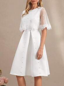 Amorya Vestito elegante da donna con applicazioni in pizzo, mantella aderente e decorazioni in perle di raso, adatto per matrimoni