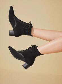 CUCCOO BASICS Botas de tacón alto de media pantorrilla de unicolor y versátiles de moda - Negro - Ver 2