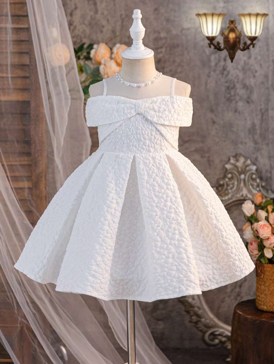 SHEIN Young Girl (Small) Mesh Beaded Water Drop Woven Dress - White - View 1