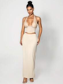 Sirith Completo elegante estivo da donna, composto da top a collo alto con inserti in pizzo a contrasto e gonna, set di 2 pezzi - Albicocca - Visualizzare 5