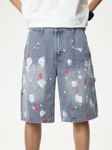 Manfinity Hypemode Pantalones cortos vaqueros holgados y versátiles de pierna ancha con bolsillo de salpicadura de tinta para hombres