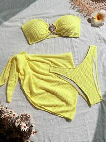 Soleia Damen Einfarben Urlaubs-Stil neonfarben strukturierter Bandeau-Top, Rock & Bikini, Mehrteiler-Set - Grün - Übersicht 1