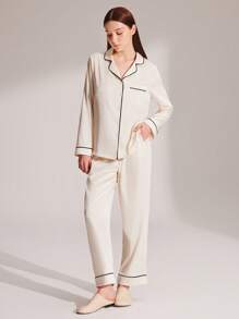 LUVLETTE Autumn And Winter White Silky Satin Contrast Trim Short-Sleeve Basic Button-Up Top & Pants Women Loungewear Pajama Set Pants With Pockets Fall Pajamas Clothes