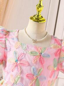 Tween Girl Colorful 3D Floral Mesh Puff Sleeve Sweet Dress - Multicolor - View 5