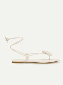 CUCCOO CHICEST Women's Woven Camellia Ankle Strap Square Toe Flat Sandals, Elegant And Romantic Casual White Knitted Ladies Flat Sandals For Afternoon Tea, Vacation, Beach And Hawaii Style