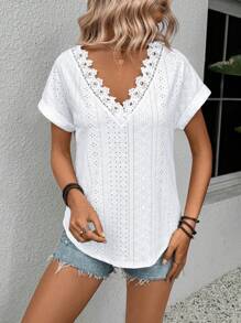 SHEIN LUNE Women's Solid Color V-Neck Short Sleeve T-Shirt, Minimalist Fashion, Suitable For Summer - White - View 3