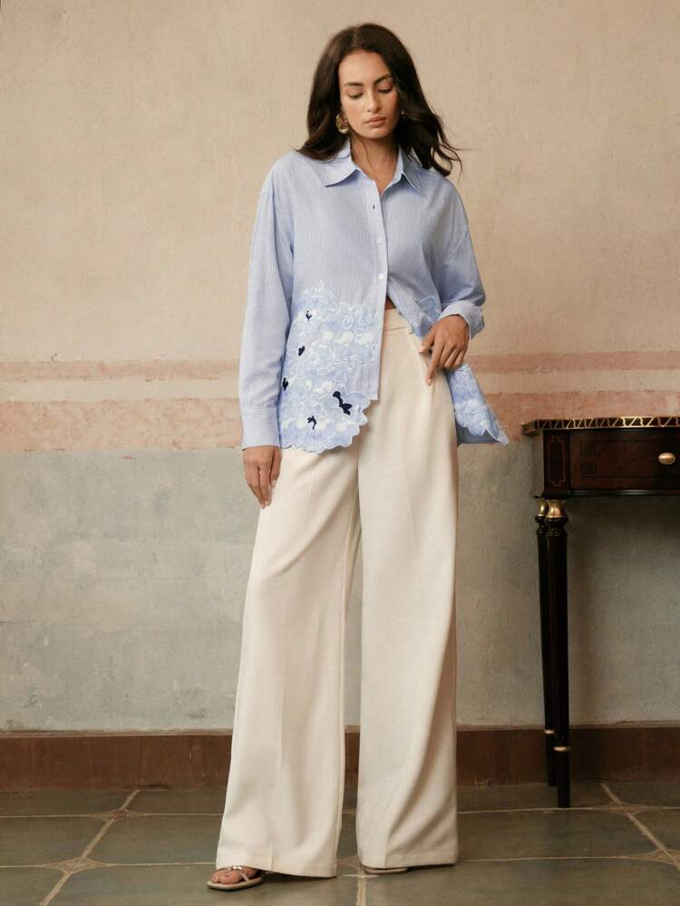 Romantic Blue & White Stripe Embroidered Long Sleeve Casual Blouse, Suitable For Spring/Summer Renaissance Fairs, Festivals, Holidays, Vacations
