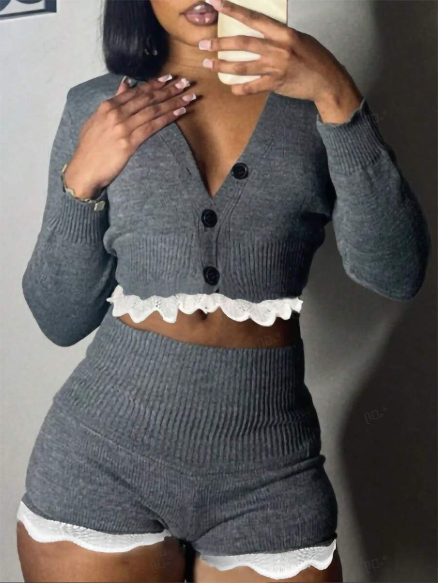 INAWLY New Plus Size Women 2 Pieces Knitted Lace Patchwork Short Sweater And Shorts Set, Sexy Y2K Style, Suitable For Autumn/Winter Fall Cloth For Women - Grey - View 1