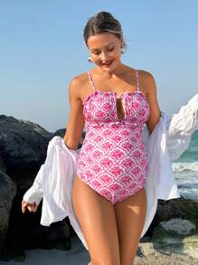 SHEIN Maternity Floral Print Spaghetti Strap One-Piece Swimsuit For Summer Beach Vacation - Pink - View 3