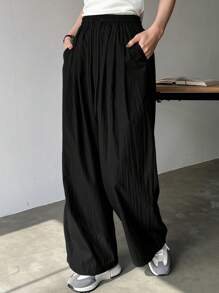 FRIFUL Women's Solid Color Elastic Waist With Pockets Loose Casual Straight Leg Pants - Black - View 5