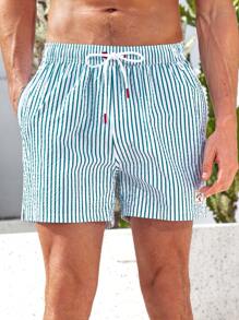 Manfinity Swimmode Men's Stripe Print Casual Beach Shorts - Green - View 5