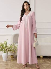 Al Najma Vestaglia lunga da donna ampia con ricami e perline, per festival, kaftan modesto