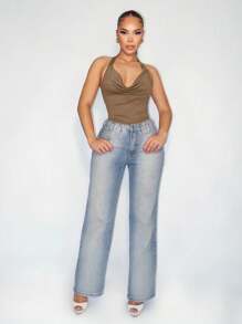 Zolique 性感棕色低胸不对称金属扣吊带女式紧身衣 - 卡其色 - 查看 7